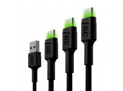 Set 3x Cablu USB-C Tip C 30cm, 120cm, 200cm LED Green Cell Ray cu încărcare rapidă, Ultra Charge, Quick Charge 3.0